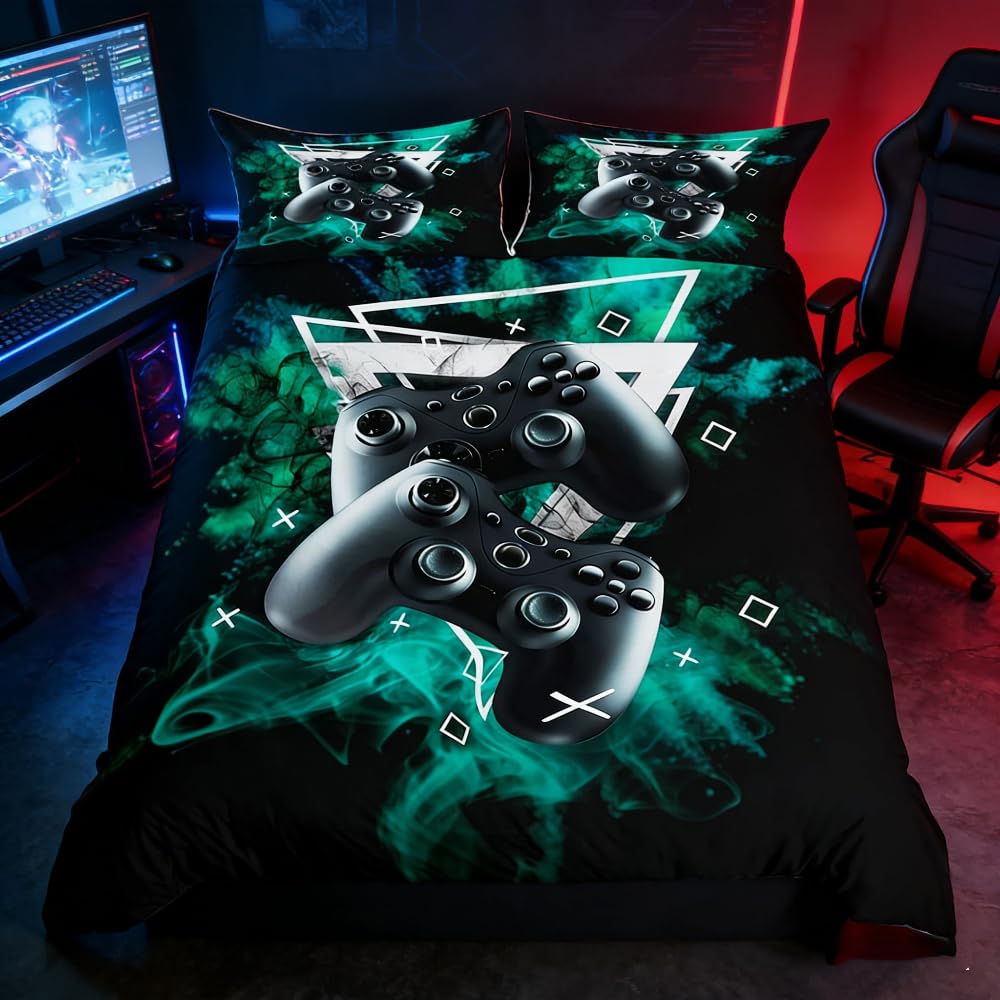 Loussiesd Boys Gamepad Bedding Set Video Game Gamepad Duvet Cover for Kids Teens Gamer Geometric Games Decor Comforter Cover Game Controller Bedspread Cover Bedroom Collection Single Size Black Green — image 1