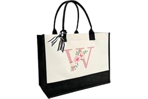 JOJHDR Initial Canvas Beach Tote Bag with Printed letter,Personalized Gifts for Women,Mom,Friends,Teachers and Bridesmaids