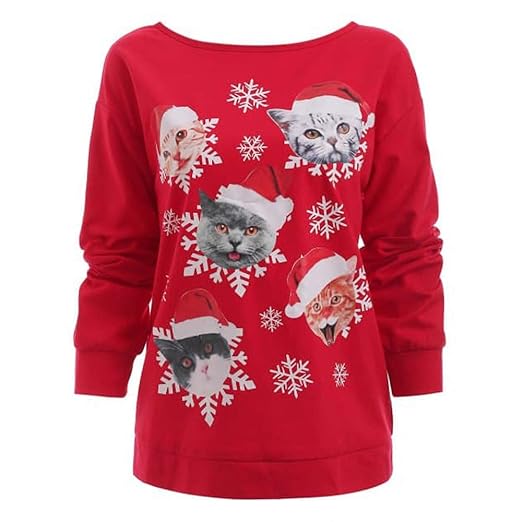 Women Christmas Cat Printed Sweatshirt Xmas Casual Loose Long Sleeve