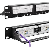 VCELINK 24-Port CAT6 Punch Down Network Patch Panel with Dust Cover | With Detachable Cable Management Bar for CAT5/5E/6 Cabling. For Network, Home, Office.