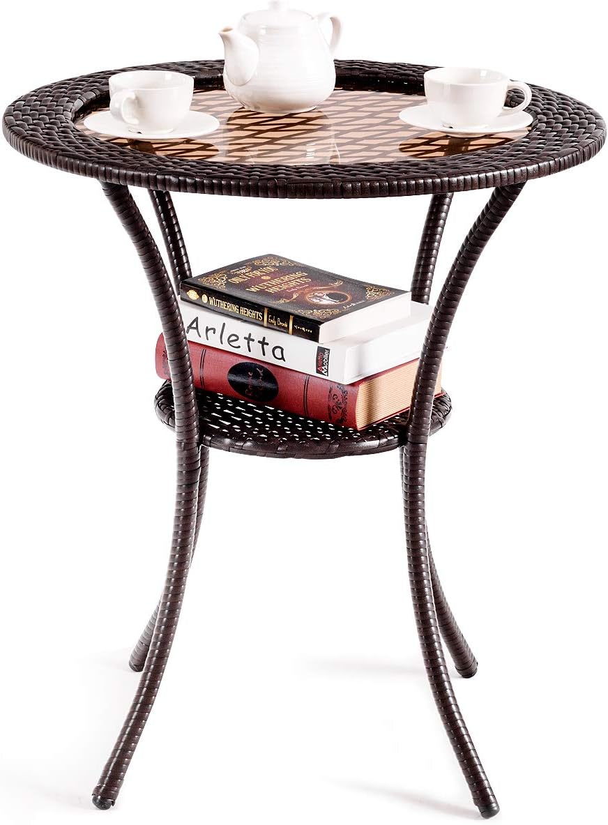 Tangkula 25” Patio Wicker Coffee Table Outdoor Backyard Lawn Balcony Pool Round Tempered Glass Top Wicker Rattan Steel Frame Table Furniture W/Lower Shelf: Kitchen & Dining