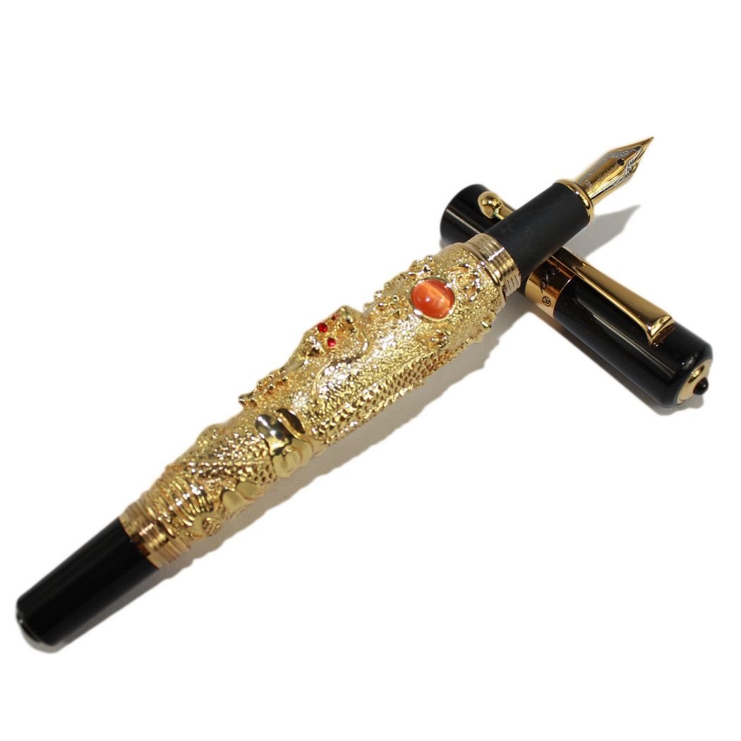Gullor Medium Nib Fountain Pen Jinhao Flying Dragon with Pearl Emboss Golden
