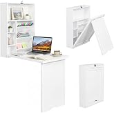 Tangkula Folding Wall Mounted Desk, Convertible Fold Out Floating Table | with Storage Shelves, Space-saving Drop Leaf Table, Murphy Desk for Craft, Study, Small Spaces, Home Office, Dorm, White