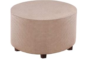 VIENLOVE Round Ottoman Slipcover Polyester Blend Footstool Protector Covers Stretch with Elastic Bottom Feature Textured Machine Washable Jacquard Fabric (Beige, Large Size)