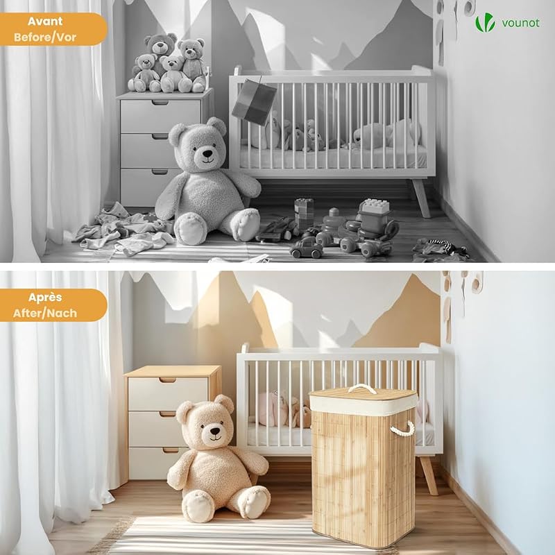 ® Cesto Portabiancheria Rettangolare in Bambù 72L, Cesto Pieghevole per Panni Sporchi con Coperchio, Manici e 2 Borse Rimovibili, per Bagno, Lavanderia e Camera da Letto, Naturale
