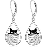 Black Cat Earrings for Women Dangle Halloween Cat Book Earrings Sterling Silver Dangling Leverback Animal Jewelry Birthday Valentines Day Gifts