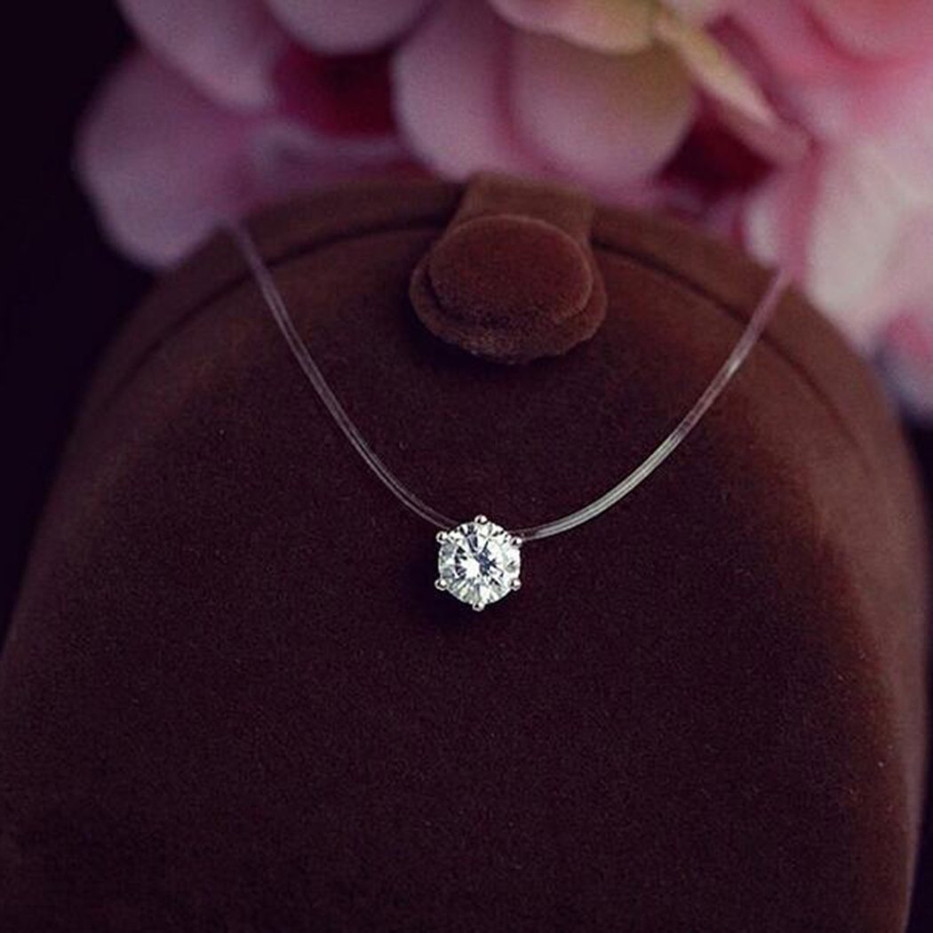 Qenci Women New Fashion Rhinestones Necklace Invisible Transparent Fishing Line Chain Zircon Pendant for Gift