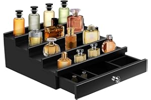 MKWAY Cologne Organizer for Men, 4 Tier Wooden Cologne Stand with Drawer and Hidden Compartment, Perfume Organizer for Dresser, Cologne Holder Display Shelf, Great Gift for Men
