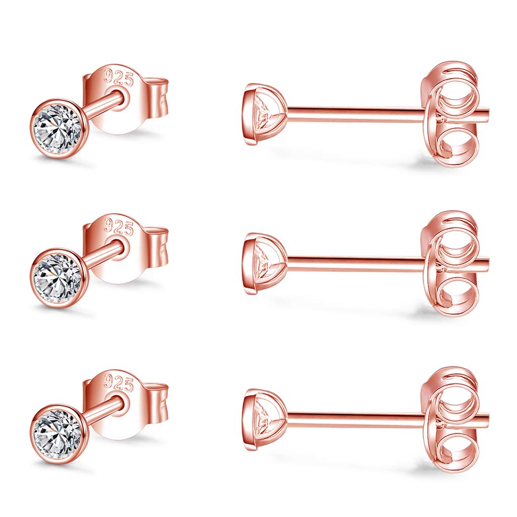 CERSLIMO Silver Stud Earrings for Women Men Girls, 3 Pairs Sterling Silver Tiny Round Stud Earrings Small Dainty Cartilage Tragus Cubic Zirconia Earrings Set (3mm, Rose Gold)
