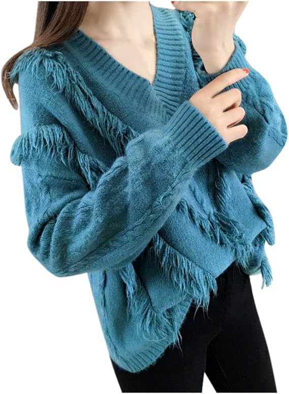 Amazon レディース 秋 セーター 女性 長袖 無地 ルーズ Vネック トップ ニットシャツ タッセル セーター オフィス 学生 柔らか ワンサイズ 体型カバー おしゃれ ワンサイズ 青色 セーター 通販