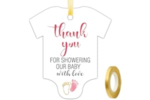 EKSPLODI 50 PCS Thank You for Showering Our Baby with Love, Cute Pink Little Feet Thank You Tags, Baby Onesie Shaped Gift Tags, Baby Shower Favor Tags, Baby Shower Birthday Party Favor Decorations.