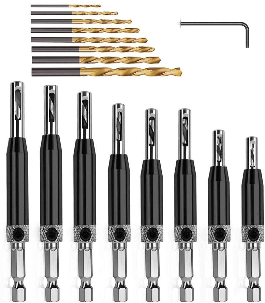 KAHEIGN 17Pcs Hinge Drill Bit Set, HSS Self Centering Drill Bits Hinge Tapper Core Hole Puncher for Woodworking Door Window Cabinet Drawer (5/64'' - 1/4'')