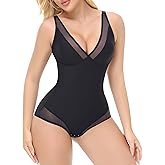 SHAPESHE Womens Shapewear Deep V Neck Bodysuit Tummy Control Slimming Faja Body Shaper Mesh Sheer Outing Outfits