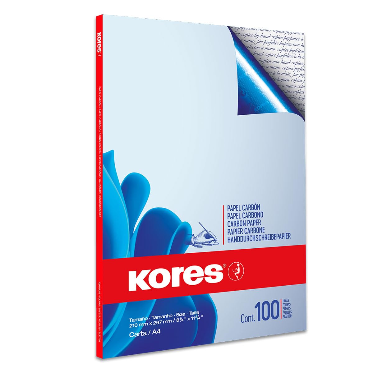 Kores - Blue Carbon Paper for Handwriting, No Smearing and Reusable, School and Office Supplies, Format A4, 21 x 29.7 cm, Pack of 100 Sheets, Handwriting, Blue, 100 Sheets