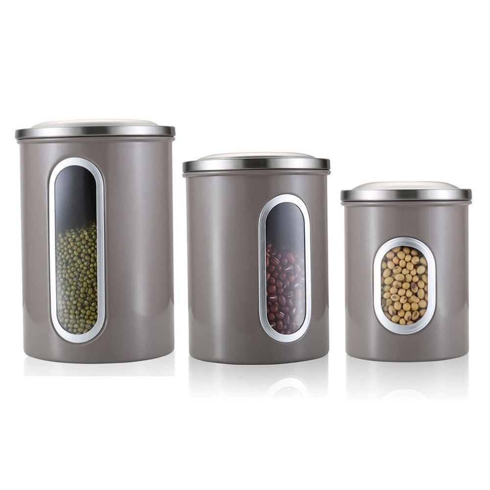 Kitchen Canisters Set,3 Piece Stainless Steel Canister Set,Nested Food Storage Canisters with Airtight Lids and Clear Windows,Red