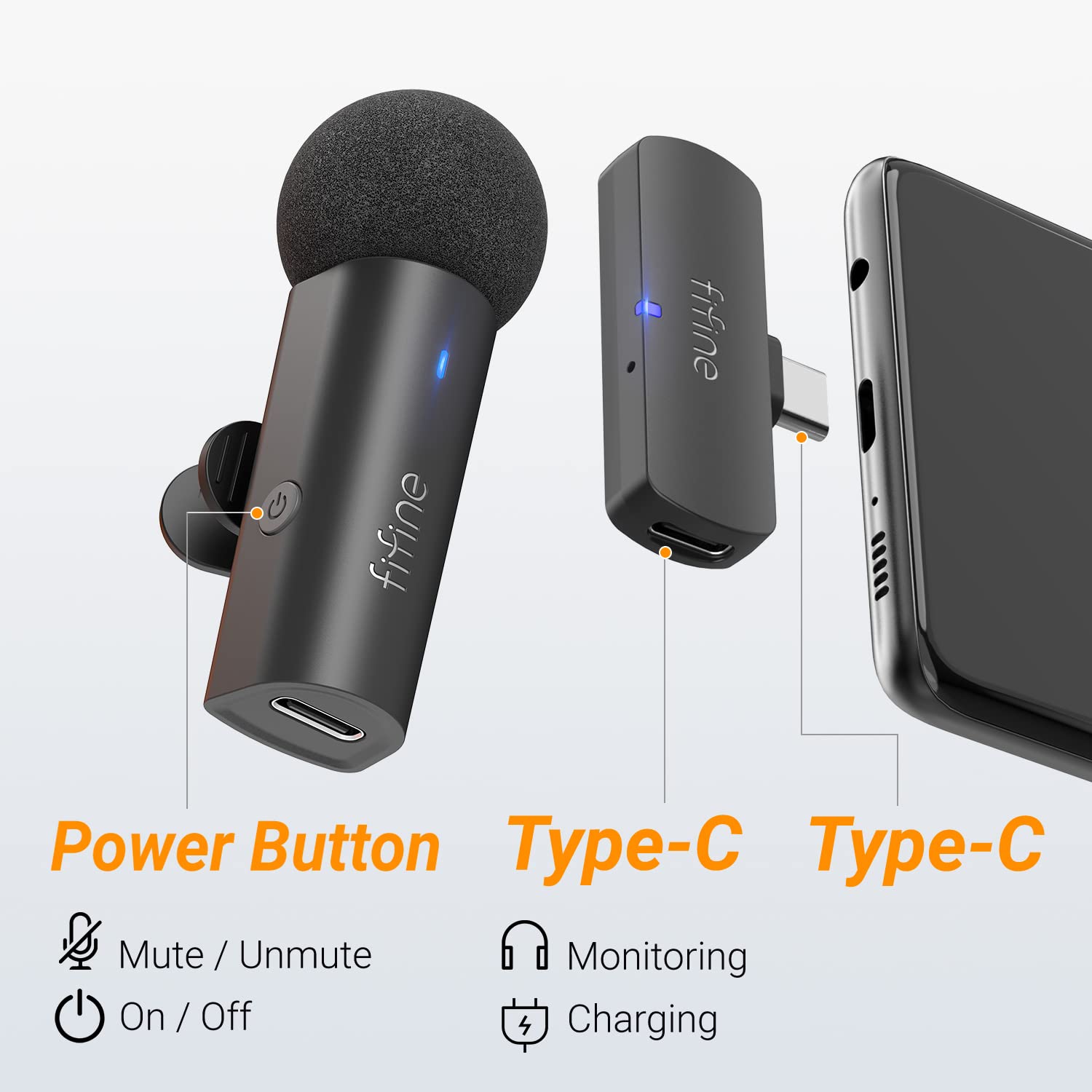 FIFINE Wireless Lavalier Lapel Microphone for iPhone15(USB C)/Android Phone/Tablet, Cordless Condenser Clip-On Microphone, Mini Mic, Type C Receiver for Video, Interview, Vlog, YouTube, Recording-M6