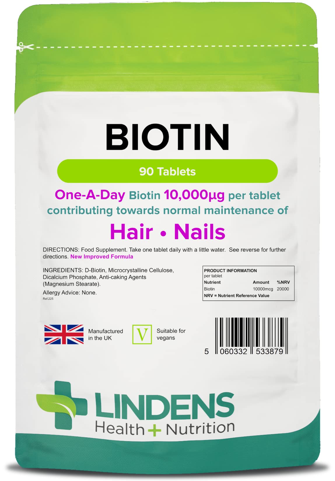 Lindens - Biotin 10,000mcg - 90 Tablets - UK Made - Maintenance of Normal Hair, Skin & Nail, Normal Metabolism - Ultra-Potent 20000% NRV Strength - Letterbox Friendly