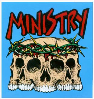 Ministry - Logo with Morphed Skulls with Barbed Wire Wreath on Blue - Sticker / Decal