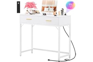 Cyclysio Vanity with Charging Station, White Vanity Desk with Lighted Mirror, Tri-Fold, Modern Makeup Vanity Set with Drawers and 3 Outlets & 2 USB, 26'' Vanitys Table with Lights, White (No Stool)