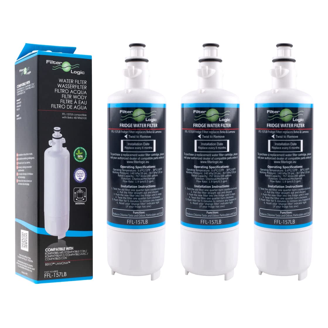 3X FilterLogic FFL-157LB Water Filter Compatible with 4874960100 Cartridge fits Beko, Smeg, Blomberg, Lamona, Leisure, Grundig Refrigerator - SBS Water Dispenser fridges