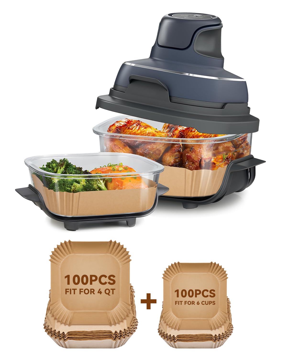 Photo 1 of 200PCs Air Fryer Paper Liners for Ninja Crispi FN101GY/FN101SG/FN101ST,100pcs Large for 4-QT & 100pcs Small for 6-Cups Container,Non-Stick Glass Air Fryer Disposable Accessories Square Free of Bleach