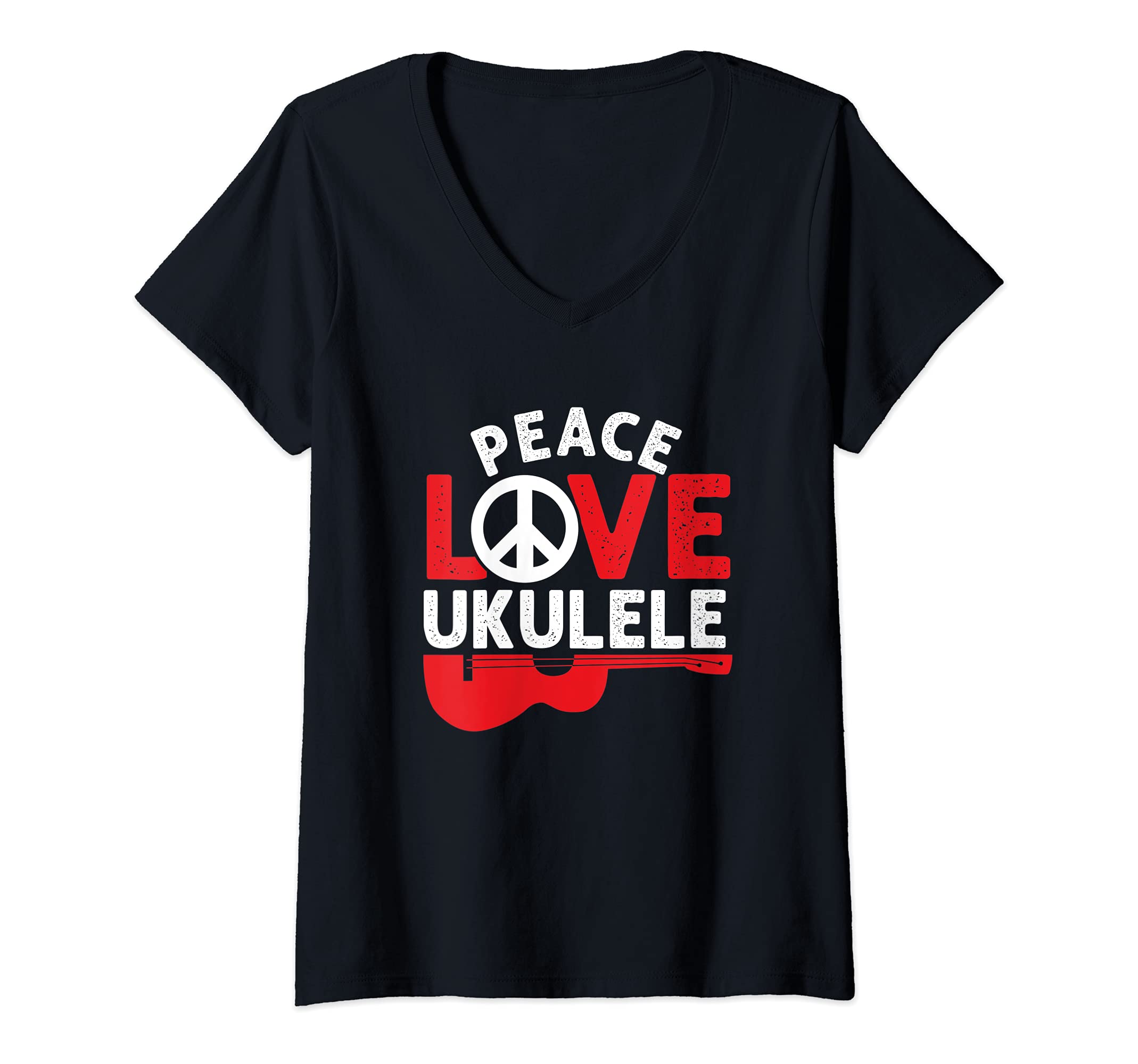 Womens Peace Love Ukulele Hawaiian Acoustic Hawaii Guitar Uke V-Neck T-Shirt