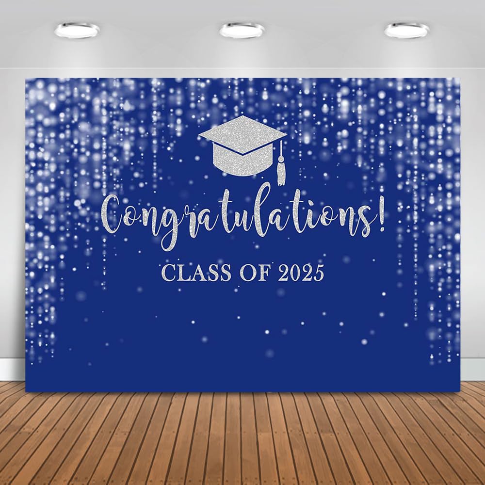 thumbnail image 2 of Mocsicka Blue Gold Class Of 2025 Backdrop Congratulations Graduates Background Graduation Prom Party Decoration Banner Photo Booth Props (7x5ft 2 of 9