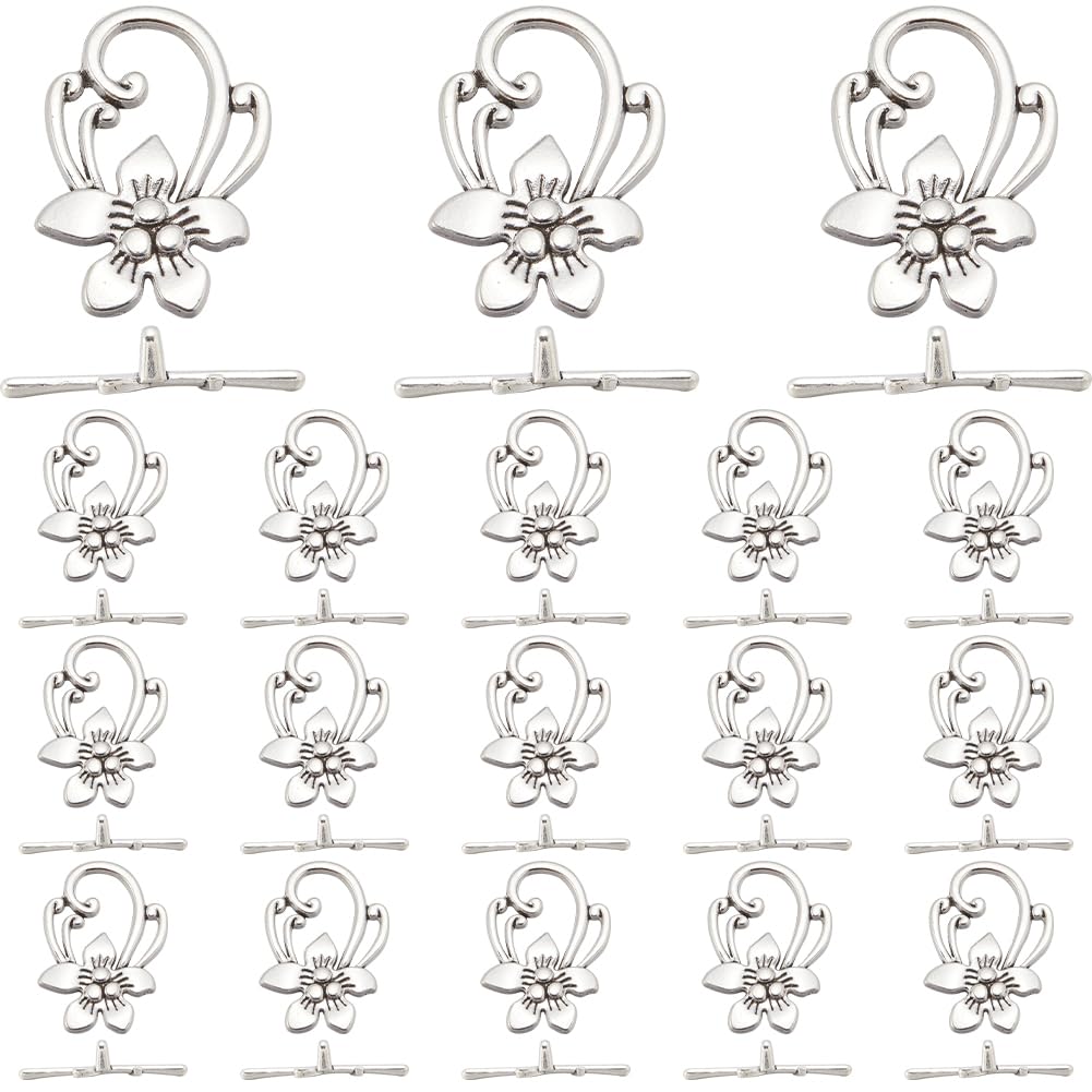 SOFPLATE 1 Box 40 Sets Toggle jewellery Clasps Silver Flower Toggle Clasp Bulk Antique Alloy T-Bar Closure Connectors Bracelet Clasp for jewellery Making Pendants Bracelet Necklace Earring DIY Crafts