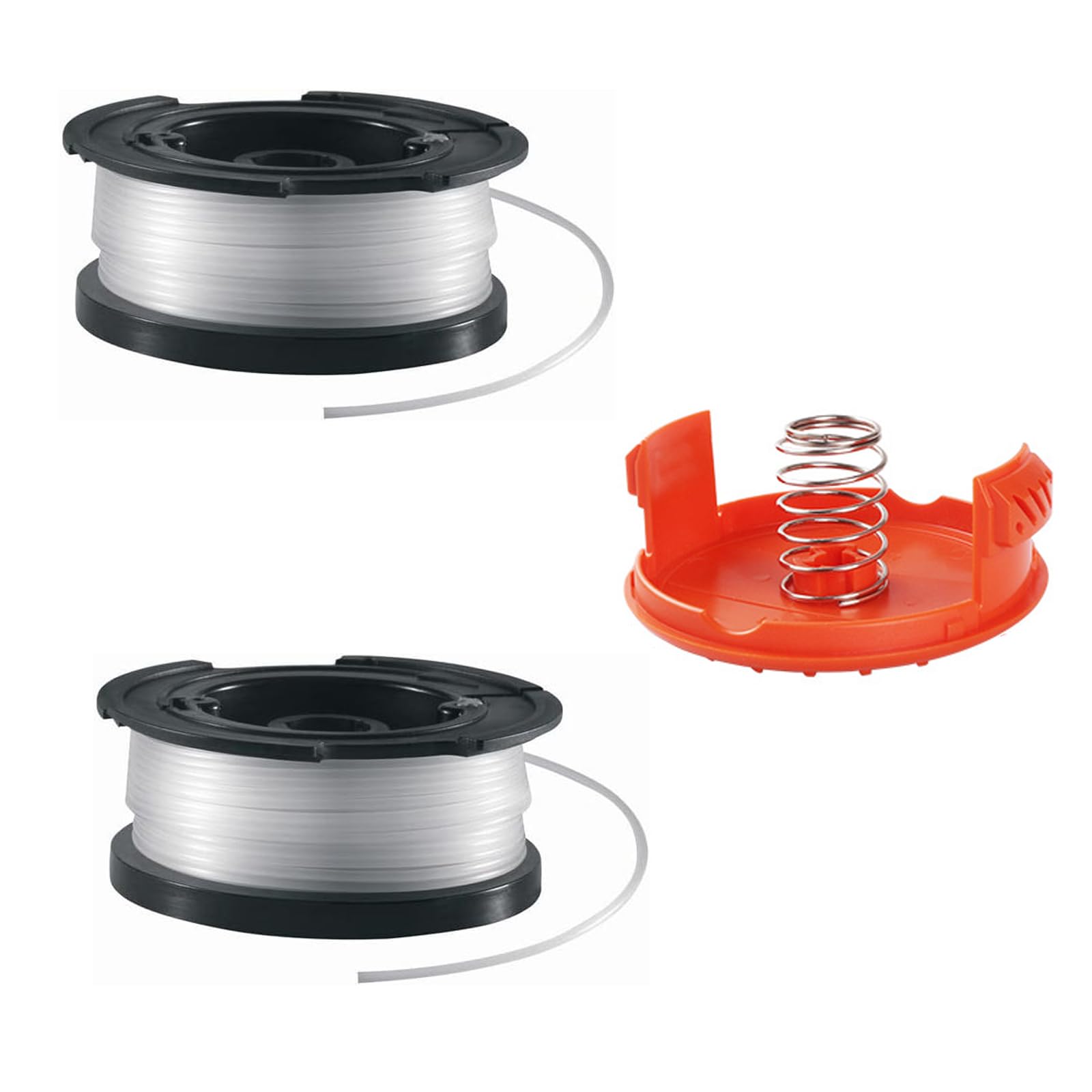 BNFGD 2Pcs black and decker strimmer spool black and strimmer wire and 1 String Trimmer Spool Cover Cap 100 coil bag (2+1+1), Reflex Strimmer Nylon Wire 1.65 mm Diameter Transparent