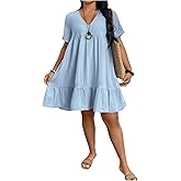 SOLY HUX Women's Plus Size Summer Dress V Neck Short Sleeve Ruffle Babydoll Flowy Short Dresses