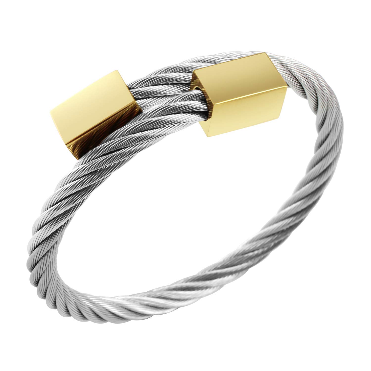 555Jewelry Adjustable Twisted Cable Bracelet for Women - Wire Bangle With Hex Bolt Endings, Gold