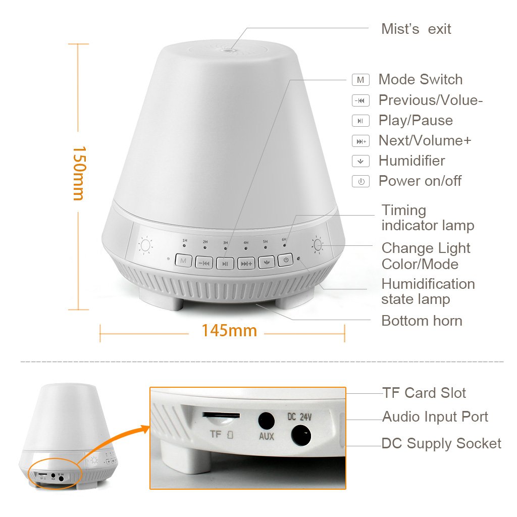3-in-1 Cool Mist Humidifier Bluetooth Speaker Lamp, Smart Aroma Essential Oil Diffuser, VOSAKE Ultrasonic 300ml Mist Humidifier with 7 Color Lights Changing, Bluetooth Aroma Humidifier, Waterless Auto Shut-off & Timing, Alarm, 1-6 Hour Time
