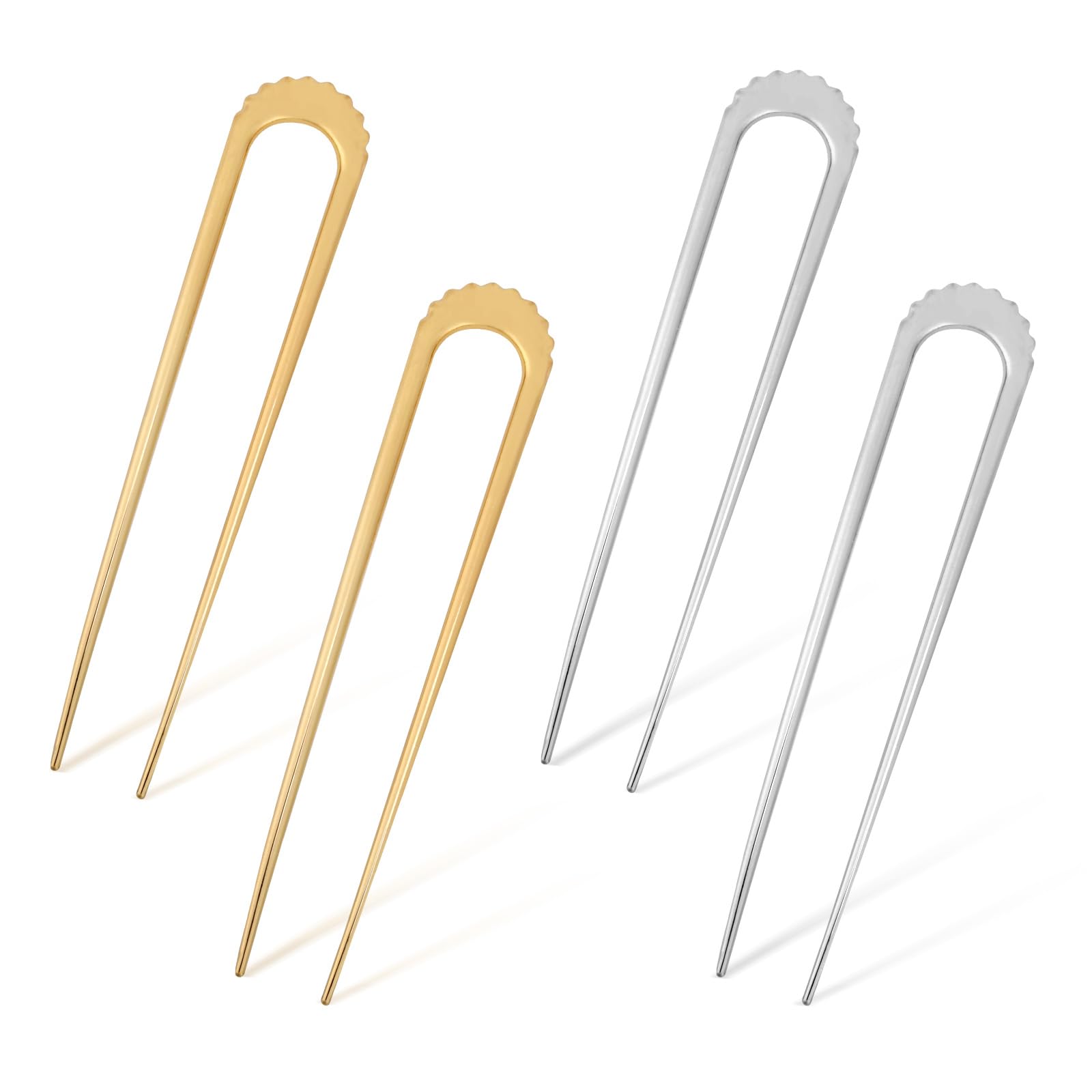 4pcs Toothed U-Shaped Hairpin, Simple Metal French Hair Forks 2 Prongs Chignon Pins Hair Stick Stylish Twist Hair Accessories for Women (Gold, Silver)