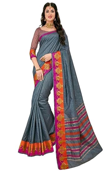 Indian Fusion Grey Raw Silk Saree With Brocade Border