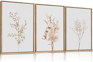 CHDITB Wildflower Floral Framed Canvas Wall Art Set, Beige Botanical Wall Decor, Minimalist Nature Flower Wall Painting, Mode