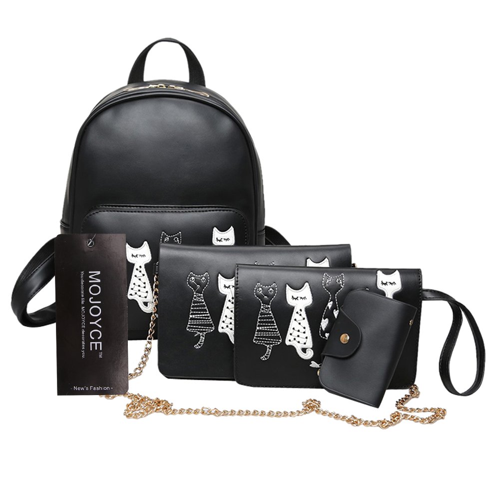 zibuyu 4pcs cat printed girls pu leather backpack shoulder bag clutch purse bag
