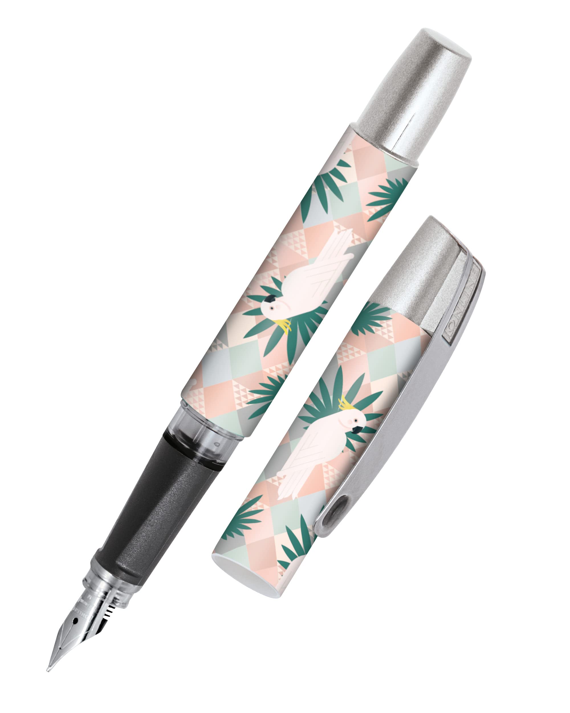 Online Ergonomic fountain pen for school/college Campus Parrots - solid medium nib, soft grip part, for standard ink cartridges, refillable, ideal for beginners/pupils/students — image 1