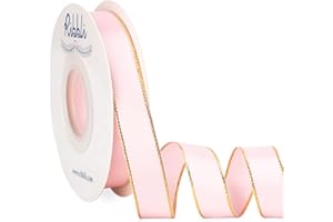 Ribbli Light Pink Satin Ribbon with Gold Edge,Double Faced Satin 5/8 Inch x Continuous 25 Yards,Baby Pink Ribbon Use for Crafts, Gift Wrapping, Wedding Card Decoration