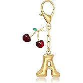 Yonuni Bubble Initial Keychain with Cherry - Gold Letter Bag Charms for Women, Cute Purse Handbag Accessories Gift