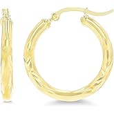 14k Yellow or White Gold 3mm Solid Polished Diamond Cut Hoop Earrings for Women | 3mm Thick Italian Gold Diamond Cut Hoops | Shiny Polished Earrings, 15mm-90mm