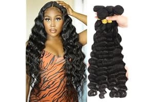 BORCHAN Brazilian Loose Deep Wave Bundles 4 Bundles Human Hair 22 24 26 28 Brazilian Virgin Remy Hair Bundles Loose Deep Wave Bundles Wet and Wavy Human Hair Bundles for Black Women Natural Color