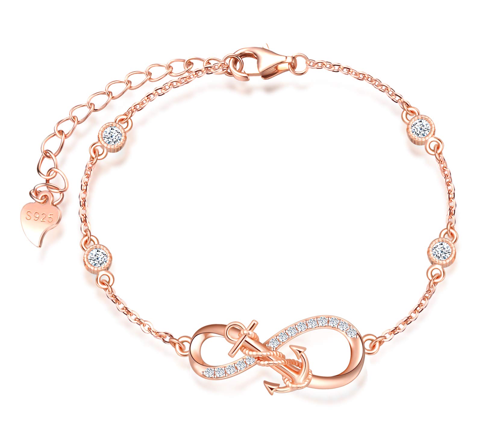 INFINIONLY Women's Girl's 925 sterling silver Bracelet, Anchor and infinity symbol bracelet, Inlaid zircon, rose gold, Christmas Valentine's Day and Birthday gift