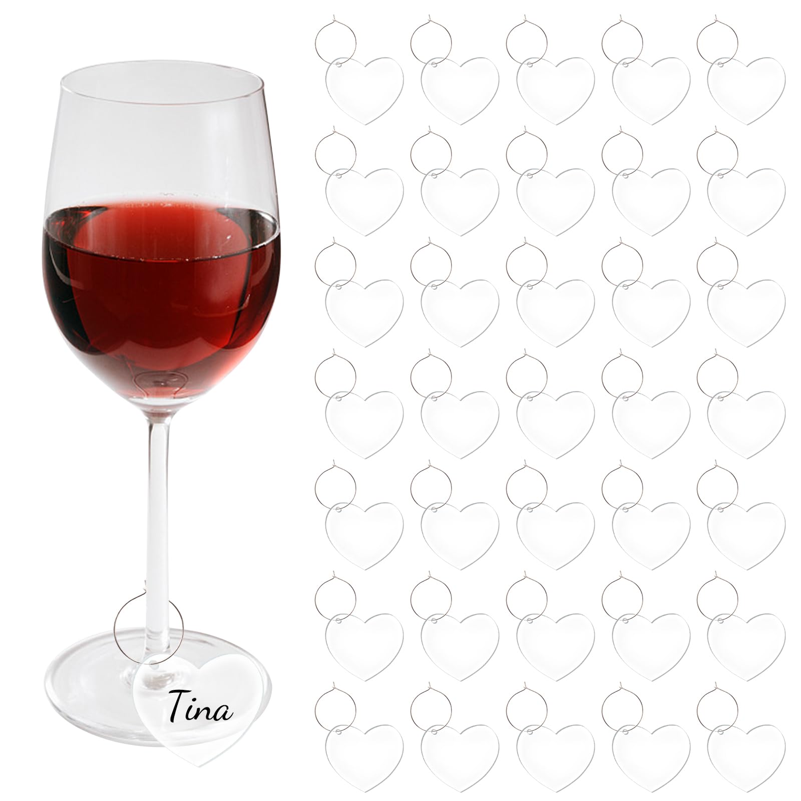 URROMA 36 PCS Transparent Heart Wine Glass Charms, Acrylic Blanks Keychain Wedding Wine Charms Drink Identifiers