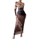 BEAUDRM Women's Fall Wedding Guest Dress Long Sleeve Cocktail Date Night Sexy Y2K Bodycon Ruched Mesh Formal Maxi Dresses