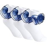 Yepami 3 Pairs Girls Ruffle Socks Big Double Lace Frilly Trim Dress Socks