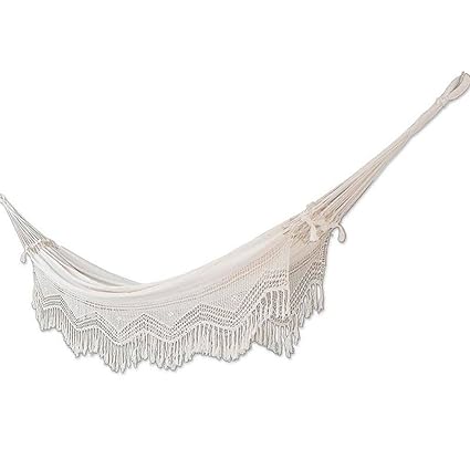 NOVICA Handmade Brazilian Natural White Ecru Cotton 2 Person Hand Woven XL Hammock with Crochet Fringe, Manaus Majesty (Double)