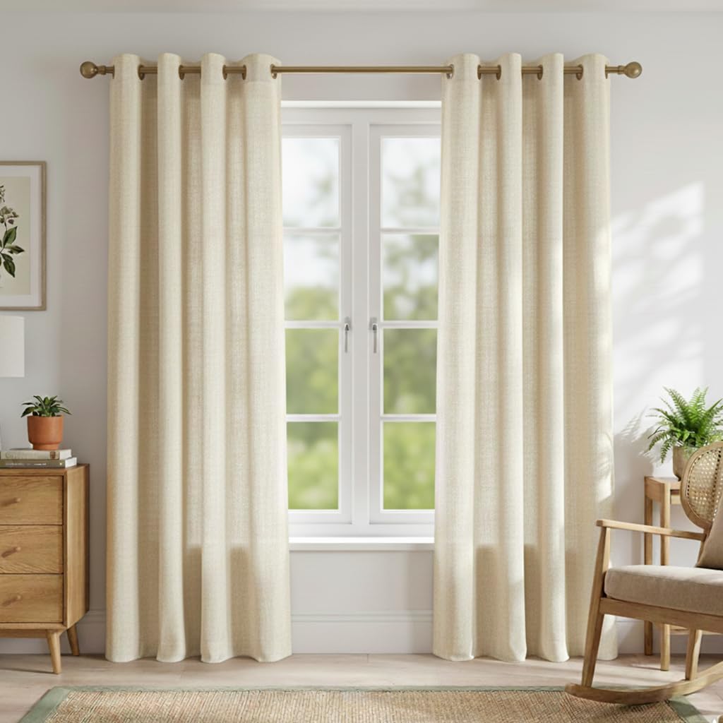 PONY DANCE Natural Linen Curtains 84 Inch Drop, Farmhouse-Charmed Bedroom Curtains with Eyelet Top Light Filtering Privacy Protected Window Treatments for Room Divider, 55x84-Inch, Set of 2