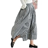 chouyatou Women's Cotton Linen Pants Elastic Waist Plaid Gingham Wide Leg Capri Palazzo Pants