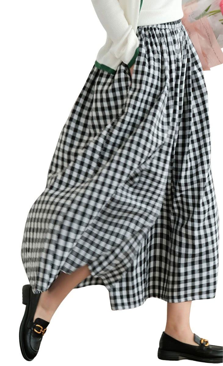 Photo 1 of chouyatou Women's Cotton Linen Pants Elastic Waist Plaid Gingham Wide Leg Capri Palazzo Pants (XX-Large, Black)