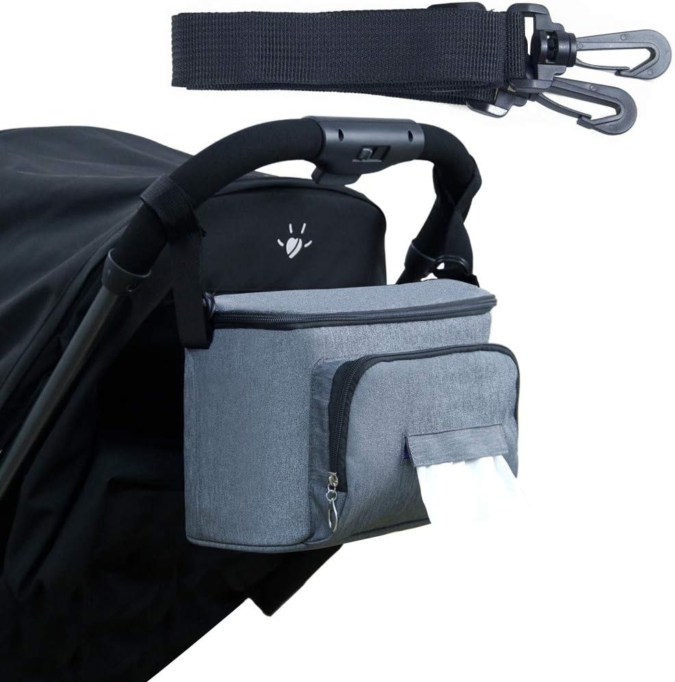 Universal Stroller Organizer with Tissue Box, Cup Holder & Detachable Shoulder Strap, Stroller Accessories for Carrying Diaper, Smart Phone, Toys & Snacks
